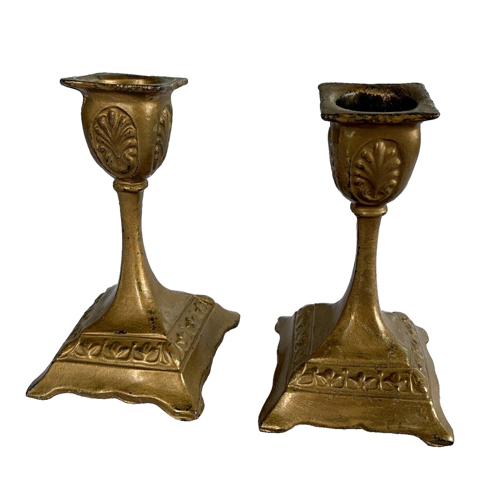Brass candleholders ornate LOT OF 2 small 4" tall 2.5"square base Vtg/Antique